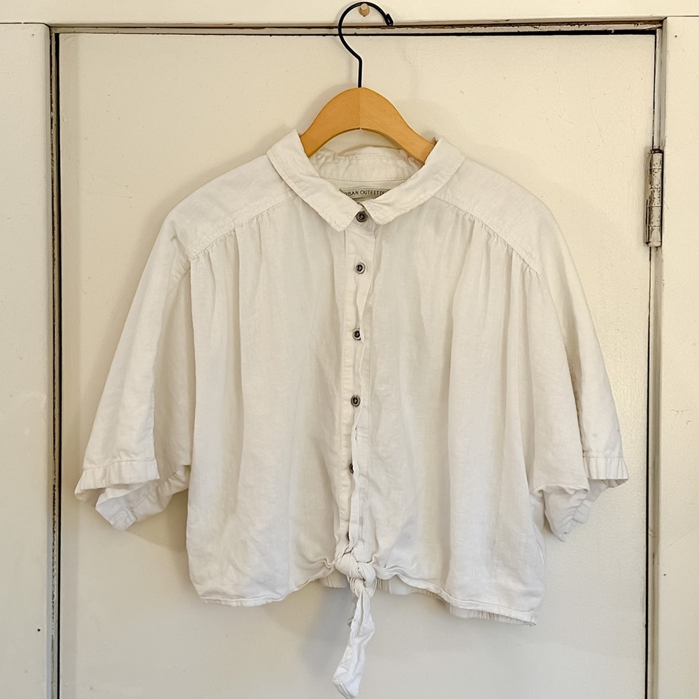 Urban Outfitters Linen Button Up Crop Top with Front Tie